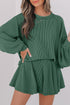 Corded Lantern Sleeve Top Ruffled Mini Skirt Two Piece Dress